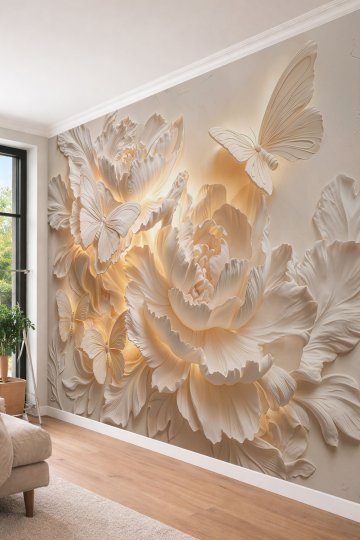 Dreamwall Şakayık Çiçekleri ve Kelebek Kabartma Görünümlü Tek Parça Tekstil Duvar Kağıdı  küçük görsel 3