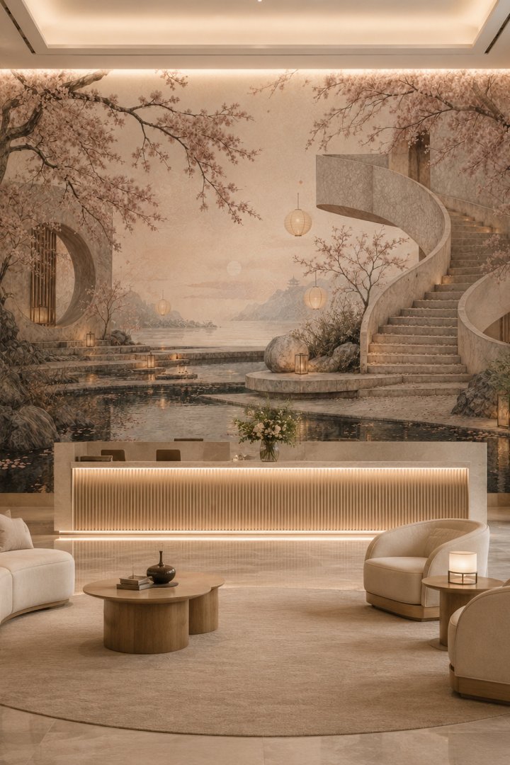 Dreamwall Sakura Rüyası- Merdivenli Havuz Manzarası Temalı Tek Parça Tekstil Duvar Kağıdı