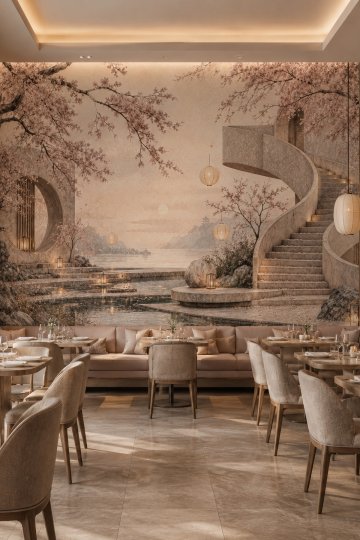 Dreamwall Sakura Rüyası- Merdivenli Havuz Manzarası Temalı Tek Parça Tekstil Duvar Kağıdı küçük görsel 2