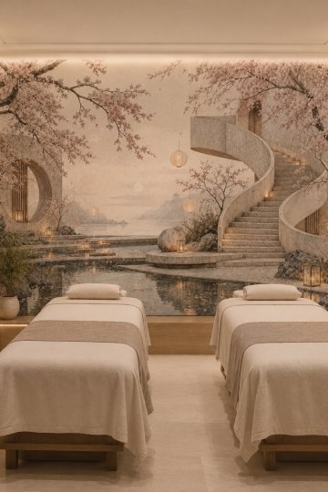 Dreamwall Sakura Rüyası- Merdivenli Havuz Manzarası Temalı Tek Parça Tekstil Duvar Kağıdı küçük görsel 3