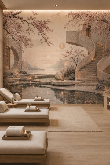 Dreamwall Sakura Rüyası- Merdivenli Havuz Manzarası Temalı Tek Parça Tekstil Duvar Kağıdı küçük görsel 4