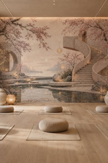Dreamwall Sakura Rüyası- Merdivenli Havuz Manzarası Temalı Tek Parça Tekstil Duvar Kağıdı küçük görsel 6