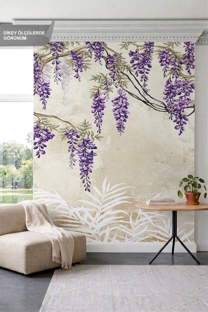 Dreamwall Salkım Ağacı, Eskitilmiş Duvar Efekti ve Botanik Motifli Tek Parça Tekstil Duvar Kağıdı