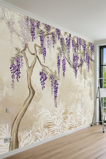 Dreamwall Salkım Ağacı, Eskitilmiş Duvar Efekti ve Botanik Motifli Tek Parça Tekstil Duvar Kağıdı küçük görsel 2