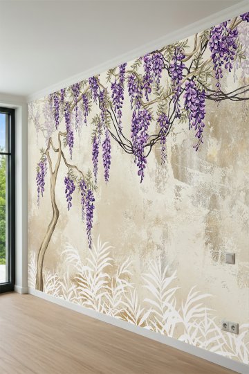 Dreamwall Salkım Ağacı, Eskitilmiş Duvar Efekti ve Botanik Motifli Tek Parça Tekstil Duvar Kağıdı küçük görsel 3