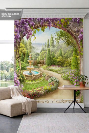 Dreamwall Salkım Çiçekli Taş Kemer ve Peyzaj Bahçesi Tek Parça Tekstil Duvar Kağıdı
