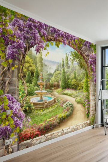 Dreamwall Salkım Çiçekli Taş Kemer ve Peyzaj Bahçesi Tek Parça Tekstil Duvar Kağıdı
