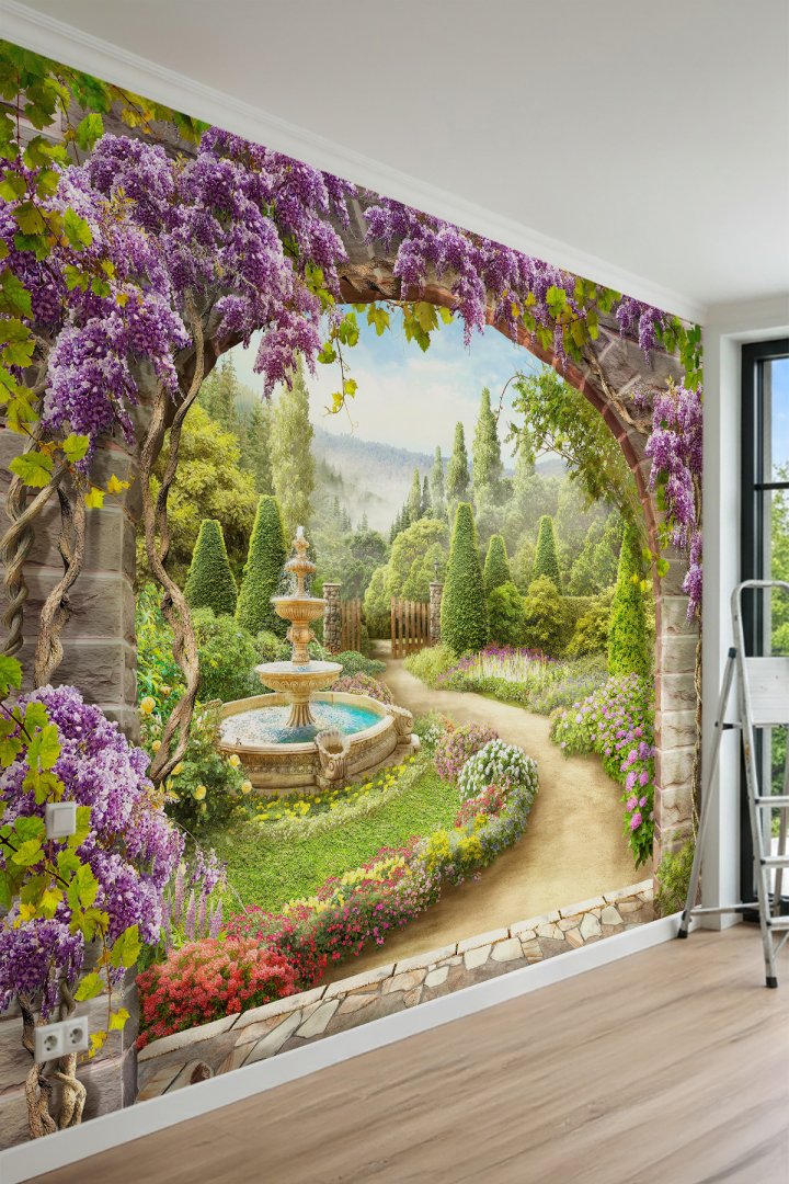 Dreamwall Salkım Çiçekli Taş Kemer ve Peyzaj Bahçesi Tek Parça Tekstil Duvar Kağıdı