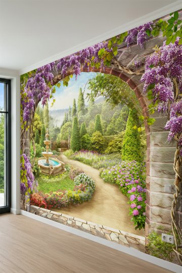Dreamwall Salkım Çiçekli Taş Kemer ve Peyzaj Bahçesi Tek Parça Tekstil Duvar Kağıdı küçük görsel 3