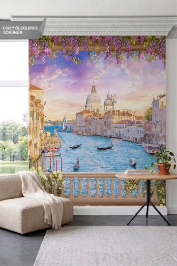 Dreamwall Salkımlı Taş Kemer, Venedik Kanallarında Gün Batımı Manzaralı Tek Parça Tekstil Duvar Kağı...
