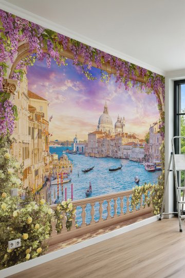 Dreamwall Salkımlı Taş Kemer, Venedik Kanallarında Gün Batımı Manzaralı Tek Parça Tekstil Duvar Kağıdı küçük görsel 2