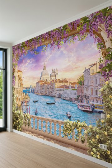 Dreamwall Salkımlı Taş Kemer, Venedik Kanallarında Gün Batımı Manzaralı Tek Parça Tekstil Duvar Kağıdı küçük görsel 3
