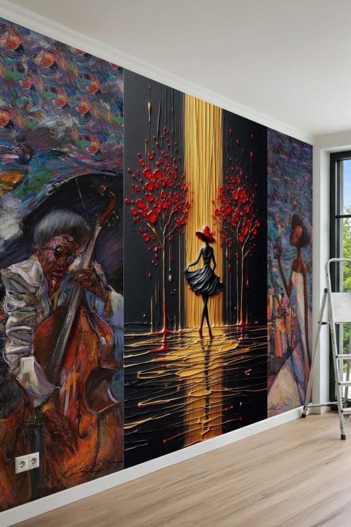 Dreamwall Sanatsal Müzisyen ve Şapkalı Kadın Motifli Tek Parça Tekstil Duvar Kağıdı