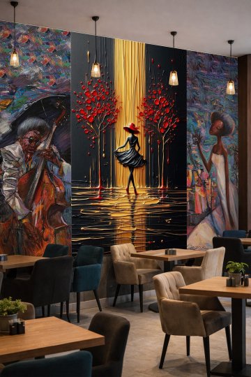 Dreamwall Sanatsal Müzisyen ve Şapkalı Kadın Motifli Tek Parça Tekstil Duvar Kağıdı küçük görsel 2