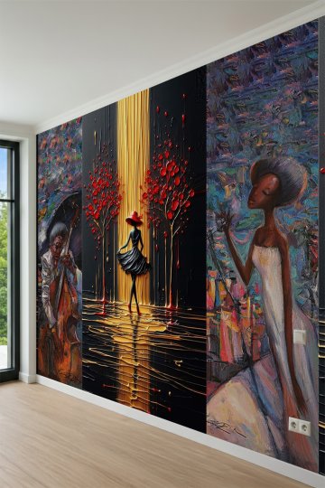 Dreamwall Sanatsal Müzisyen ve Şapkalı Kadın Motifli Tek Parça Tekstil Duvar Kağıdı küçük görsel 6