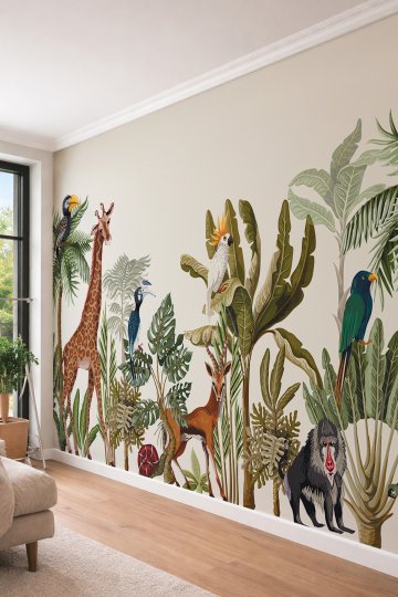 Dreamwall Sanatsal Safari Hayvanları ve Tropikal Doğa İllüstrasyon Temalı Tekstil Duvar Kağıdı