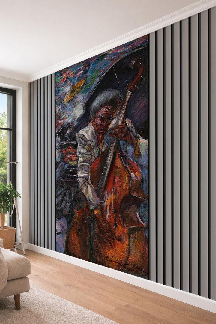 Dreamwall Sanatsal Yağlı Boya Dokulu Caz Müzisyeni ve Kontrabas Temalı Tekstil Duvar Kağıdı
