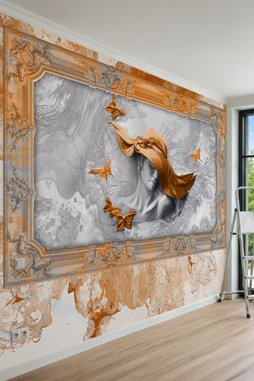 Dreamwall Şapkalı Kadın ve Kelebek Figürlü, Lüks Çerçeve Efektli Tek Parça Tekstil Duvar Kağıdı küçük görsel 2