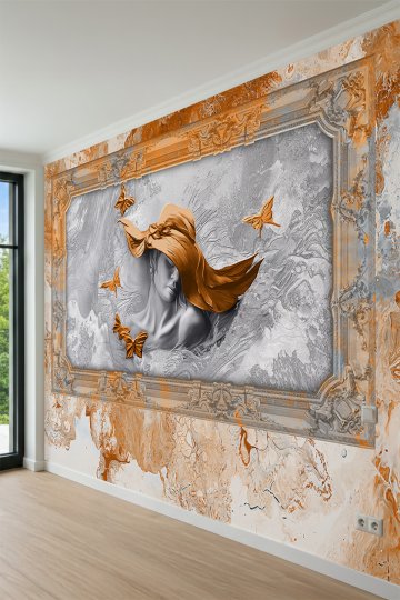 Dreamwall Şapkalı Kadın ve Kelebek Figürlü, Lüks Çerçeve Efektli Tek Parça Tekstil Duvar Kağıdı küçük görsel 3
