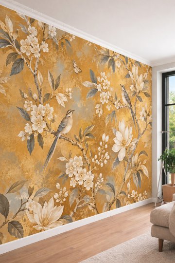 Dreamwall Sarı Tonlarında Çiçekli Ağaç Dalları, Kuşlar ve Kelebek Motifli Tek Parça Tekstil Duvar Kağıdı  küçük görsel 1