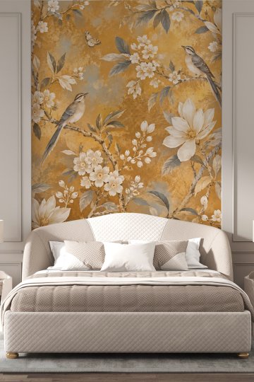 Dreamwall Sarı Tonlarında Çiçekli Ağaç Dalları, Kuşlar ve Kelebek Motifli Tek Parça Tekstil Duvar Kağıdı  küçük görsel 2