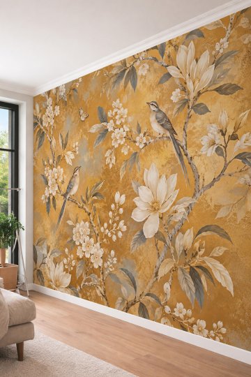 Dreamwall Sarı Tonlarında Çiçekli Ağaç Dalları, Kuşlar ve Kelebek Motifli Tek Parça Tekstil Duvar Kağıdı  küçük görsel 3
