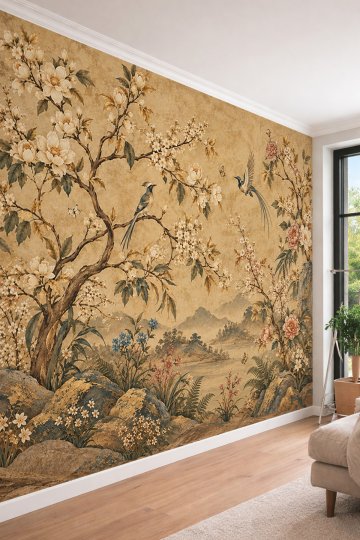 Dreamwall Sarı Toprak Tonlarında Çiçekli Ağaç Dalları, Kuşlar ve Manzara Motifli Tek Parça Tekstil Duvar Kağıdı  küçük görsel 1