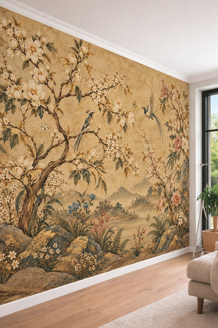 Dreamwall Sarı Toprak Tonlarında Çiçekli Ağaç Dalları, Kuşlar ve Manzara Motifli Tek Parça Tekstil D...