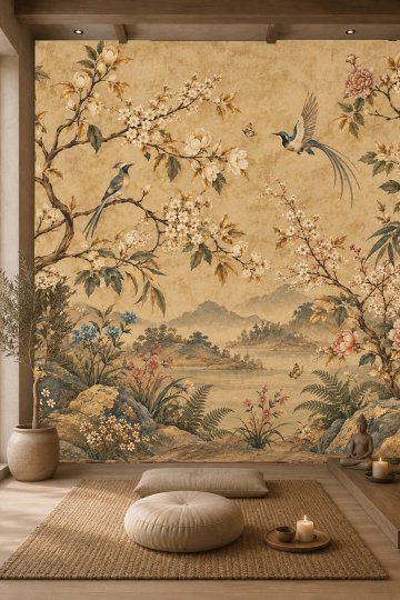 Dreamwall Sarı Toprak Tonlarında Çiçekli Ağaç Dalları, Kuşlar ve Manzara Motifli Tek Parça Tekstil Duvar Kağıdı  küçük görsel 2