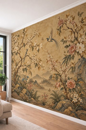 Dreamwall Sarı Toprak Tonlarında Çiçekli Ağaç Dalları, Kuşlar ve Manzara Motifli Tek Parça Tekstil Duvar Kağıdı  küçük görsel 3