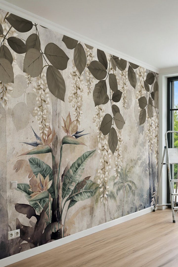 Dreamwall Sarkan Çiçek ve Yaprak Desenli Tek Parça Tekstil Duvar Kağıdı