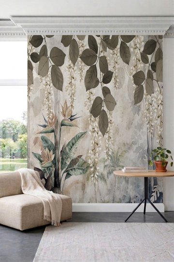 Dreamwall Sarkan Çiçek ve Yaprak Desenli Tek Parça Tekstil Duvar Kağıdı küçük görsel 2
