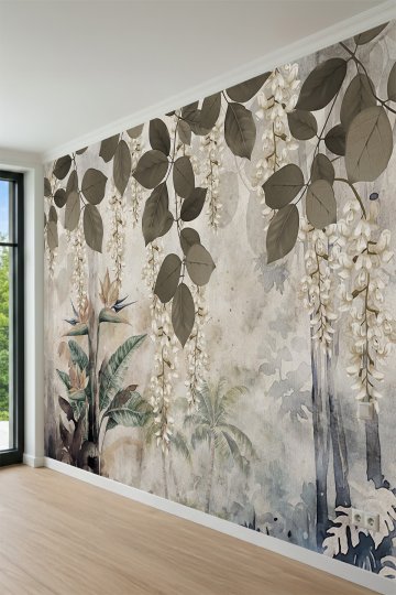Dreamwall Sarkan Çiçek ve Yaprak Desenli Tek Parça Tekstil Duvar Kağıdı küçük görsel 3