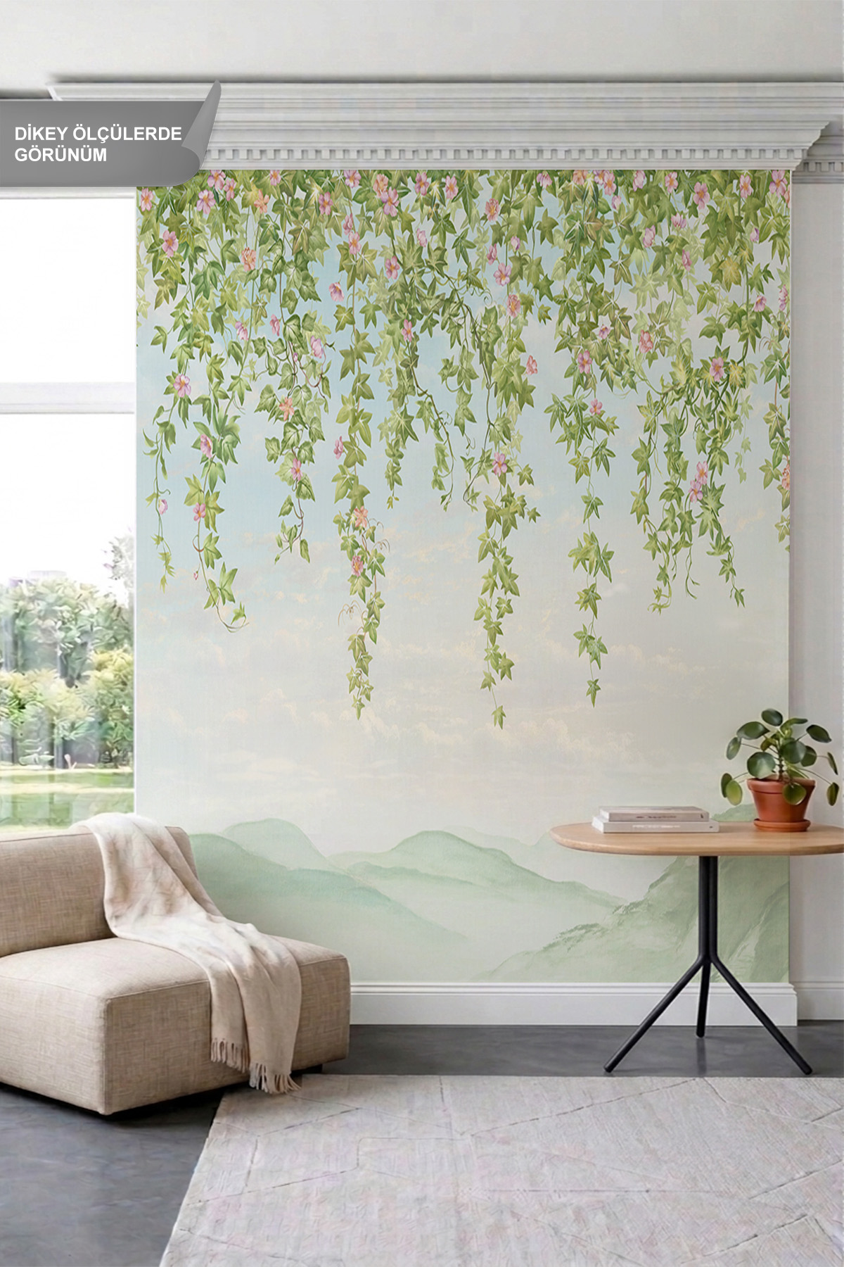 Dreamwall Sarkan Sarmaşıklar, Pembe Çiçekler ve Suluboya Dağ Manzaralı Tek Parça Tekstil Duvar Kağıdı görsel 1