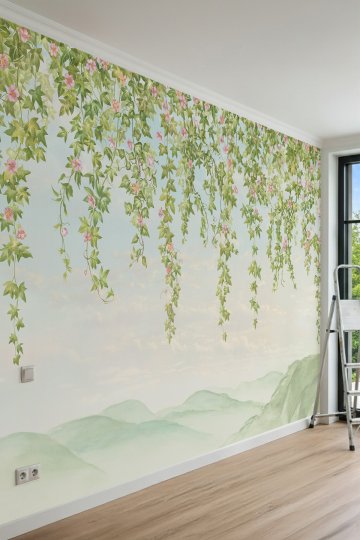 Dreamwall Sarkan Sarmaşıklar, Pembe Çiçekler ve Suluboya Dağ Manzaralı Tek Parça Tekstil Duvar Kağıdı küçük görsel 2
