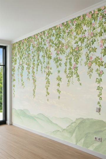 Dreamwall Sarkan Sarmaşıklar, Pembe Çiçekler ve Suluboya Dağ Manzaralı Tek Parça Tekstil Duvar Kağıdı küçük görsel 3