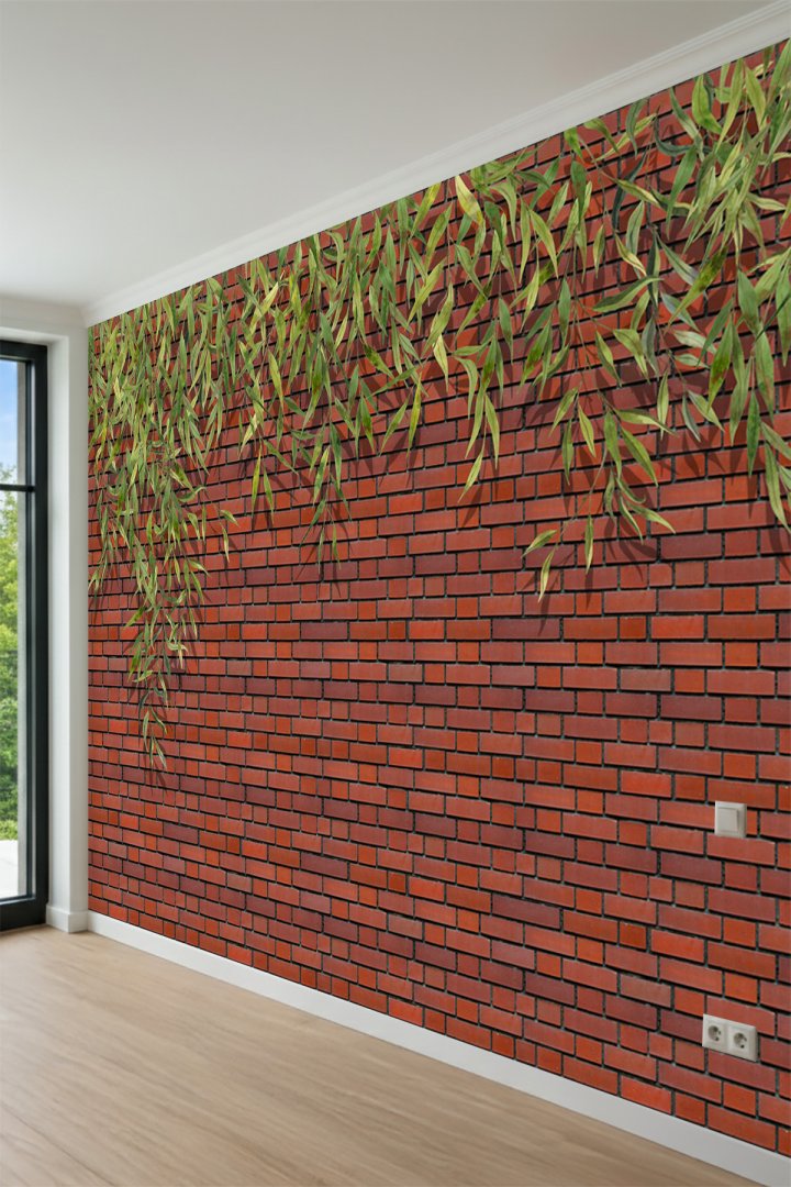 Dreamwall Sarkıt Okaliptüs Yapraklı Kırmızı Tuğla Görünümlü Tek Parça Tekstil Duvar Kağıdı
