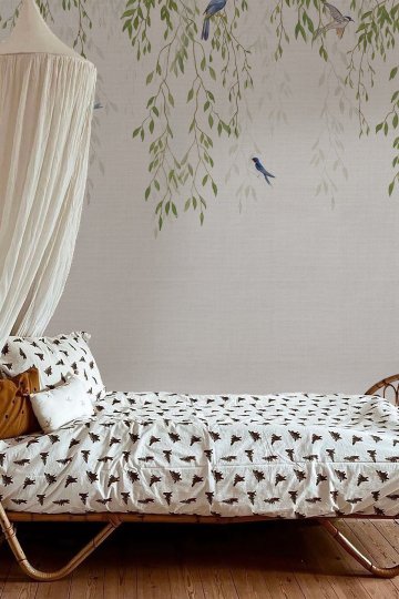 Dreamwall Sarkıt Söğüt Dalı, Mavi Kuş ve Texture Doku Motifli Tek Parça Tekstil Duvar Kağıdı