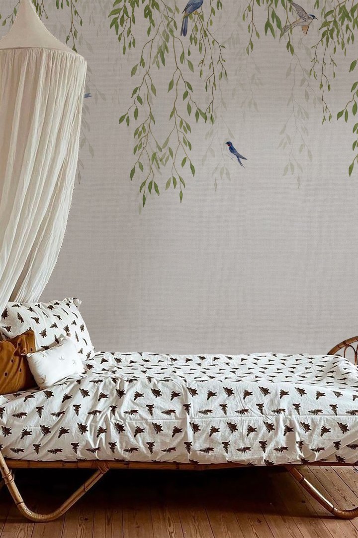 Dreamwall Sarkıt Söğüt Dalı, Mavi Kuş ve Texture Doku Motifli Tek Parça Tekstil Duvar Kağıdı