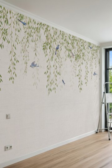 Dreamwall Sarkıt Söğüt Dalı, Mavi Kuş ve Texture Doku Motifli Tek Parça Tekstil Duvar Kağıdı küçük görsel 2