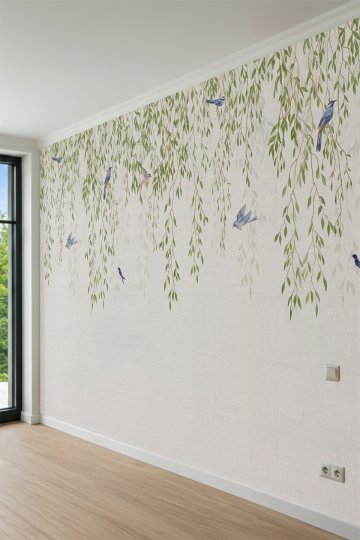 Dreamwall Sarkıt Söğüt Dalı, Mavi Kuş ve Texture Doku Motifli Tek Parça Tekstil Duvar Kağıdı küçük görsel 3