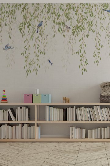 Dreamwall Sarkıt Söğüt Dalı, Mavi Kuş ve Texture Doku Motifli Tek Parça Tekstil Duvar Kağıdı küçük görsel 7