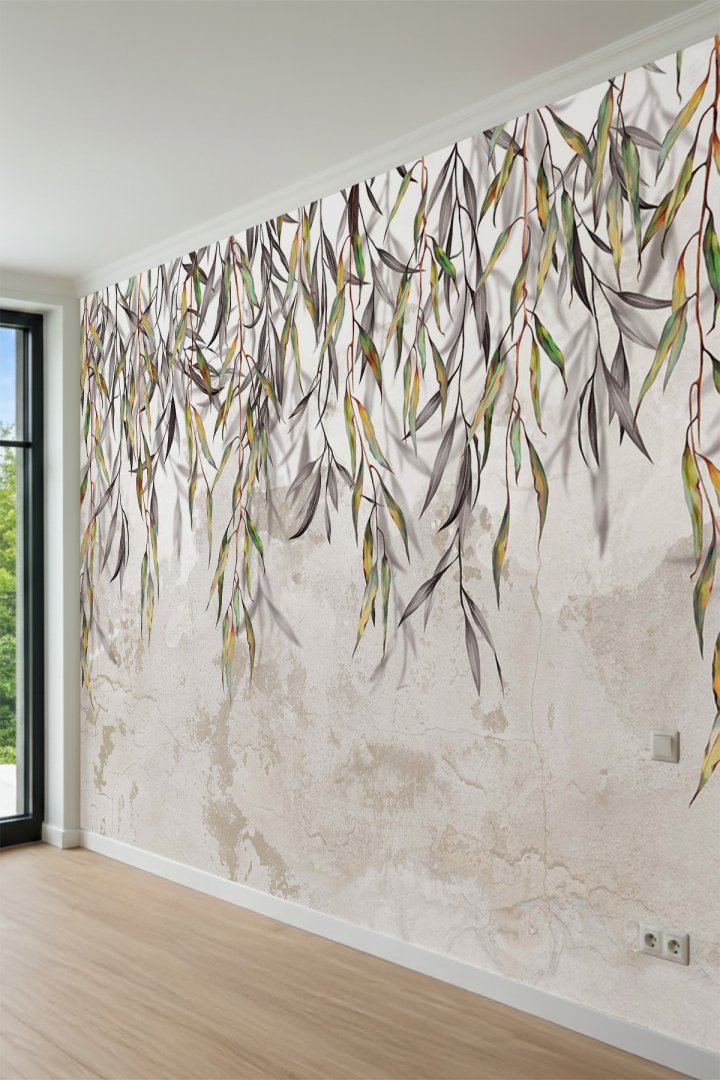 Dreamwall Sarkıt Söğüt Yapraklı Eskitme Sıva Desenli Tek Parça Tekstil Duvar Kağıdı