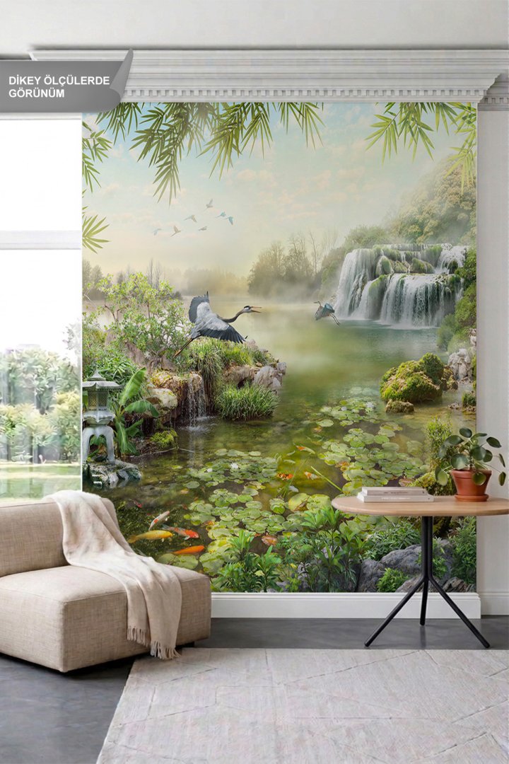 Dreamwall Şelale, Gölet, Balıklar ve Kuş Manzaralı Tek Parça Tekstil Duvar Kağıdı