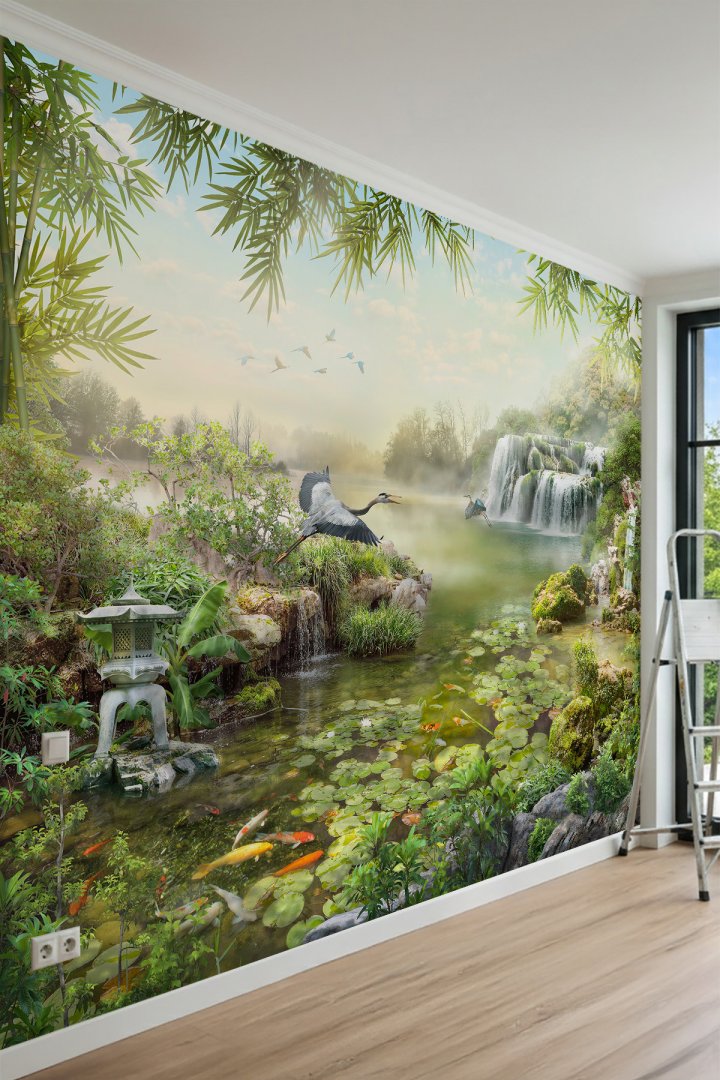 Dreamwall Şelale, Gölet, Balıklar ve Kuş Manzaralı Tek Parça Tekstil Duvar Kağıdı