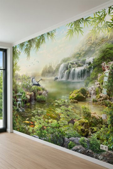 Dreamwall Şelale, Gölet, Balıklar ve Kuş Manzaralı Tek Parça Tekstil Duvar Kağıdı küçük görsel 3