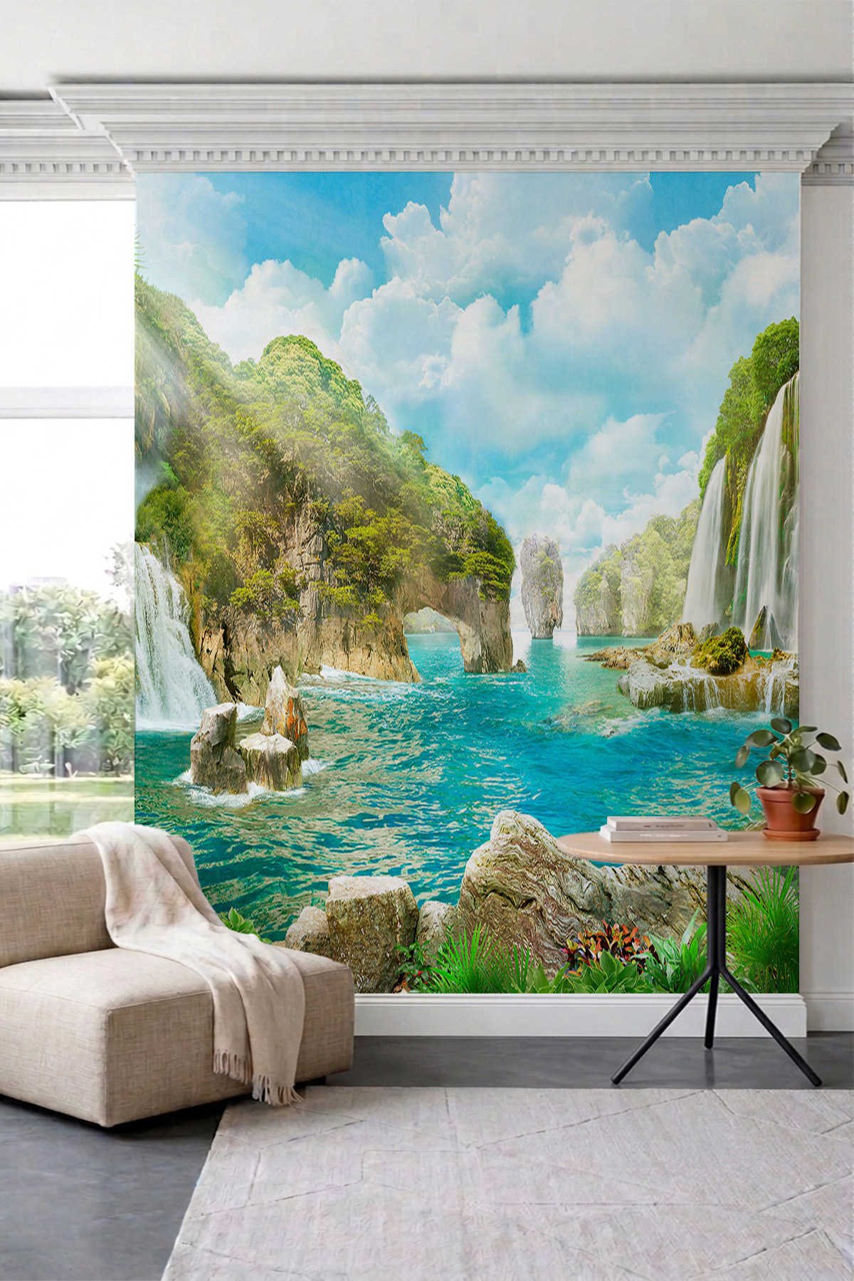 Dreamwall Şelale, Tropikal Koy ve Kaya Manzaralı Doğa Temalı Tek Parça Tekstil Duvar Kağıdı görsel 1