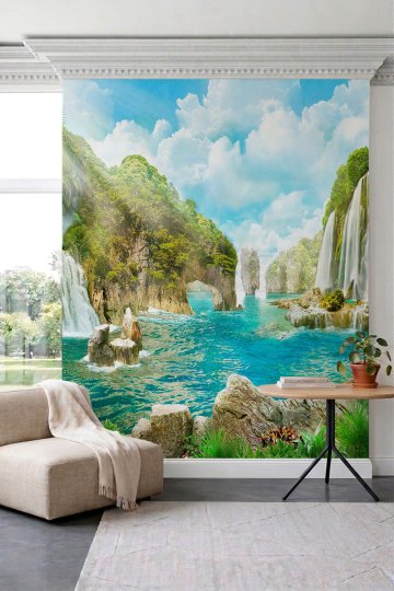 Dreamwall Şelale, Tropikal Koy ve Kaya Manzaralı Doğa Temalı Tek Parça Tekstil Duvar Kağıdı küçük görsel 1