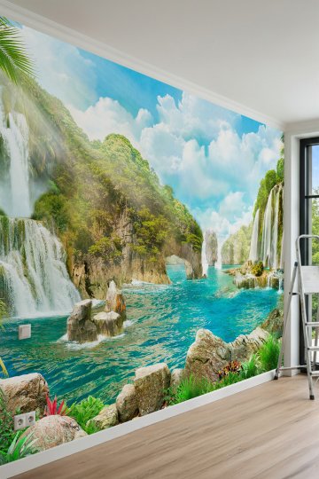 Dreamwall Şelale, Tropikal Koy ve Kaya Manzaralı Doğa Temalı Tek Parça Tekstil Duvar Kağıdı küçük görsel 3