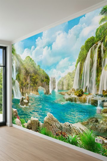 Dreamwall Şelale, Tropikal Koy ve Kaya Manzaralı Doğa Temalı Tek Parça Tekstil Duvar Kağıdı küçük görsel 2